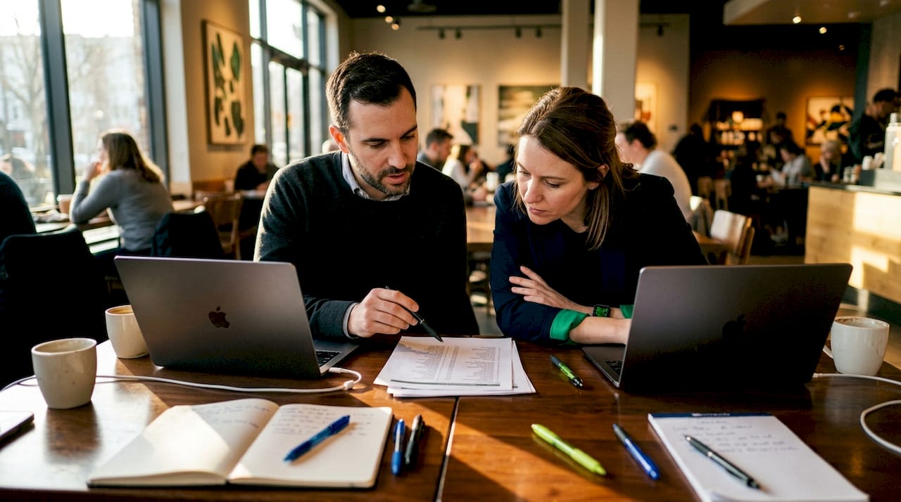 Professionals reviewing solo ad vendor options together
