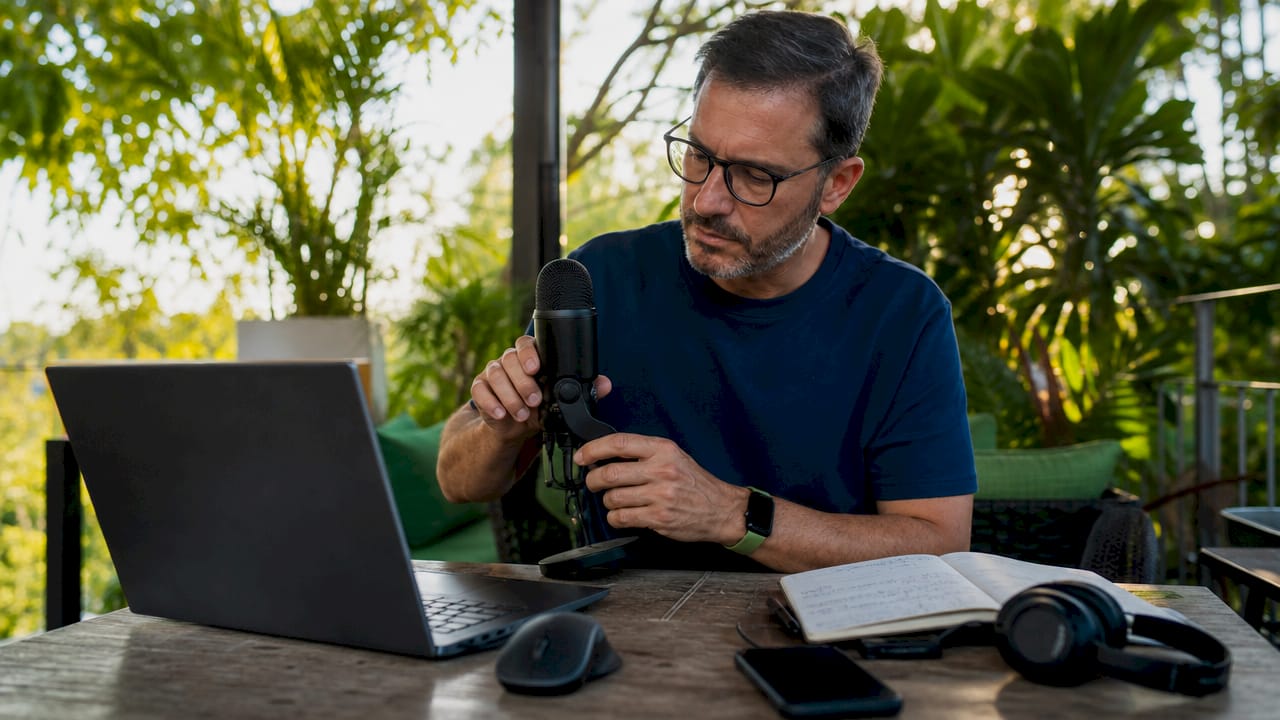 Man preparing to record tutorial in coworking space