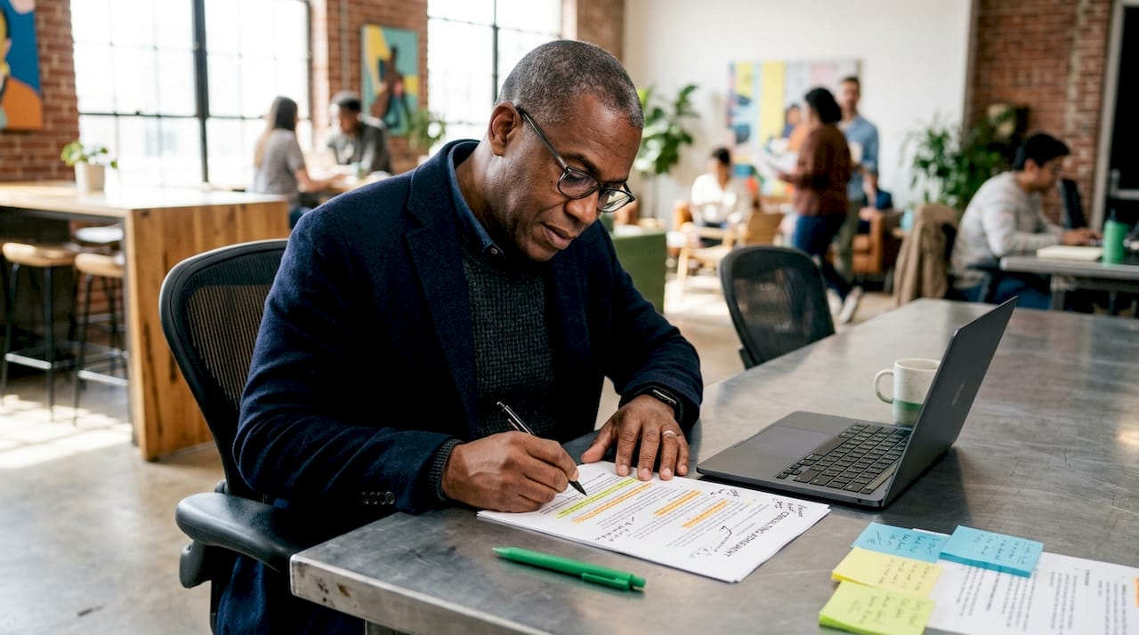 Hands holding contract on desk with notes