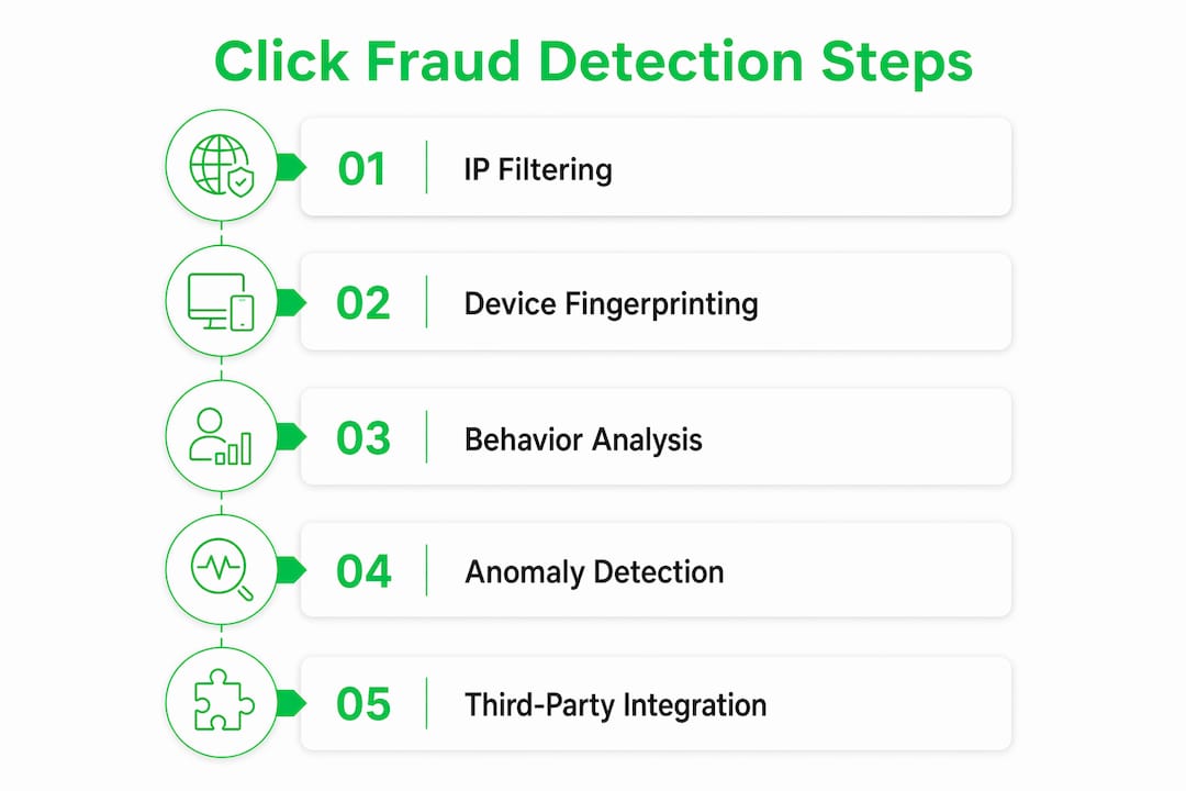 Infographic showing click fraud detection techniques