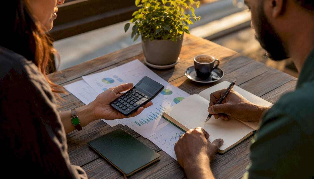 Hands calculating marketing conversion rate