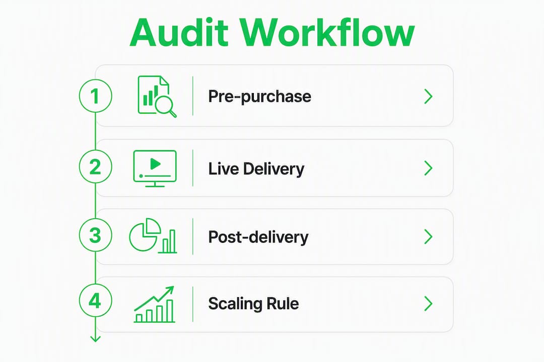 Infographic showing solo ad audit workflow steps