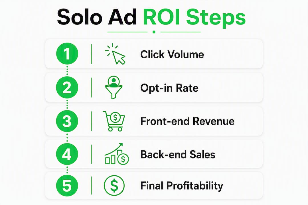 Infographic illustrating steps to calculate solo ad profitability