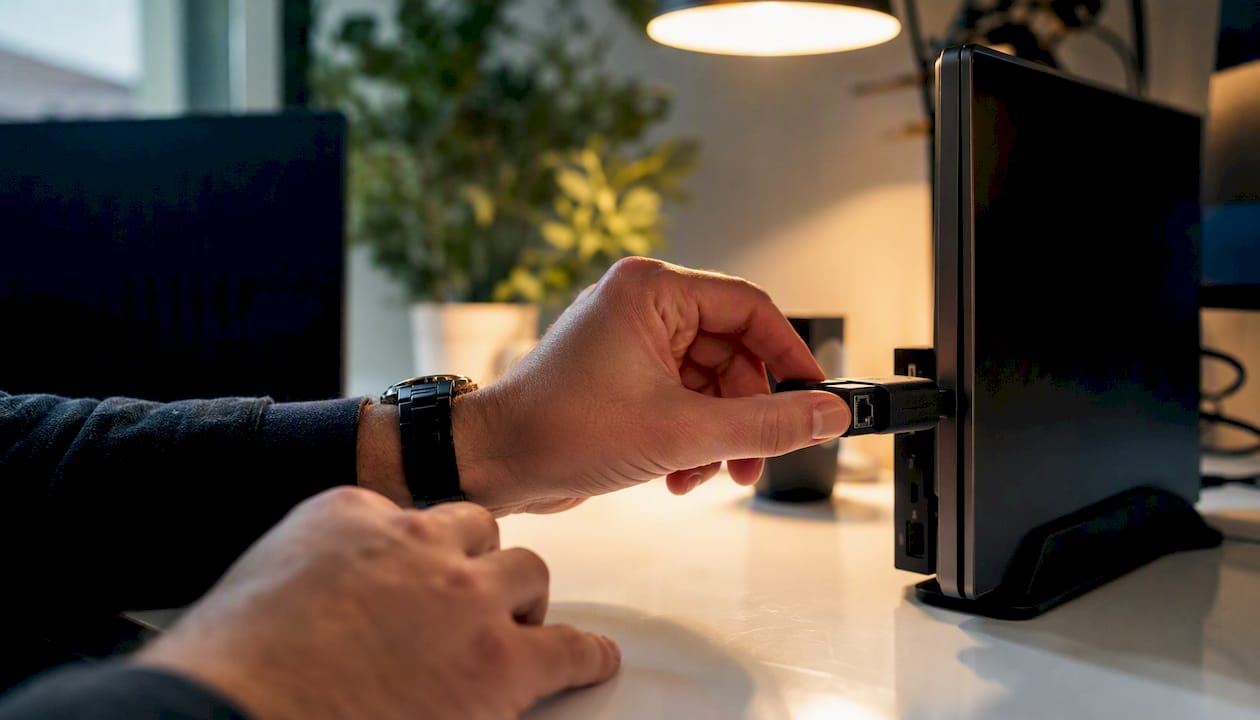 Hands connecting network dongle on black desk