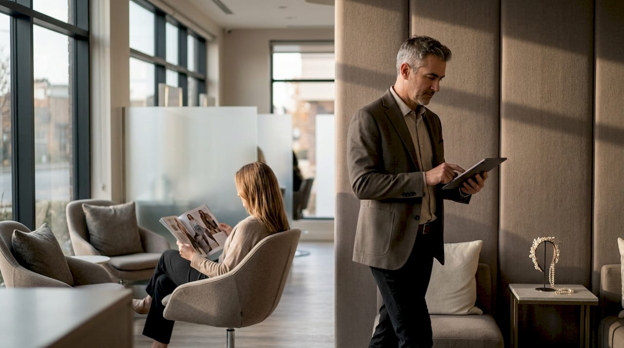 Salon manager in acoustically zoned luxury interior