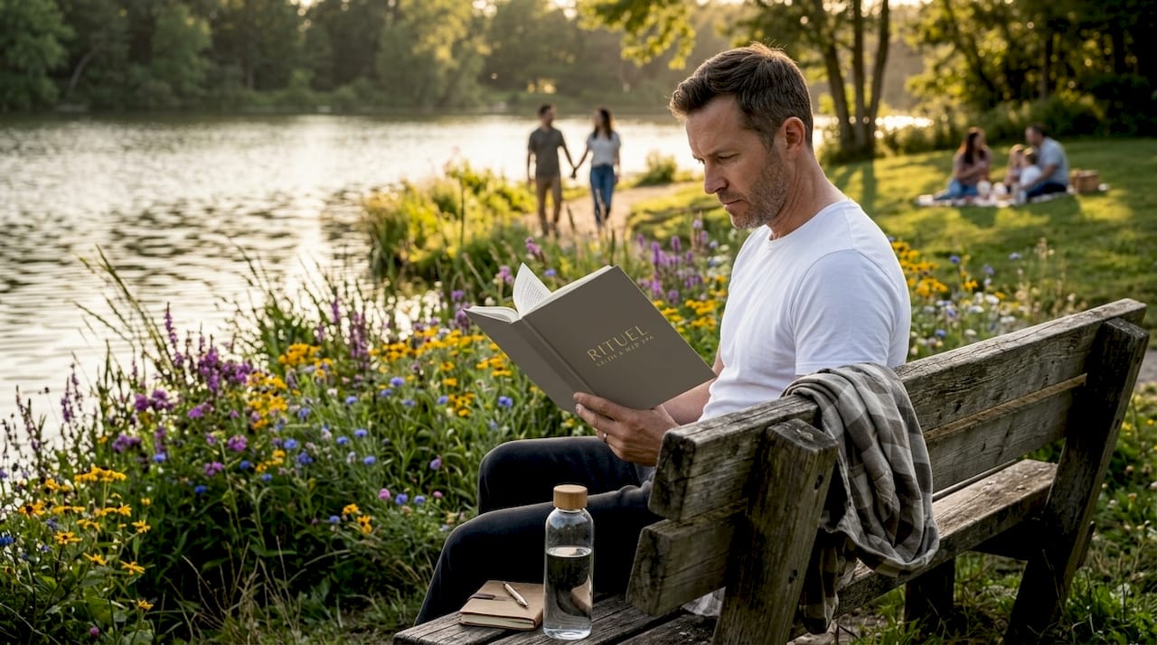 Man reading in natural wellness setting