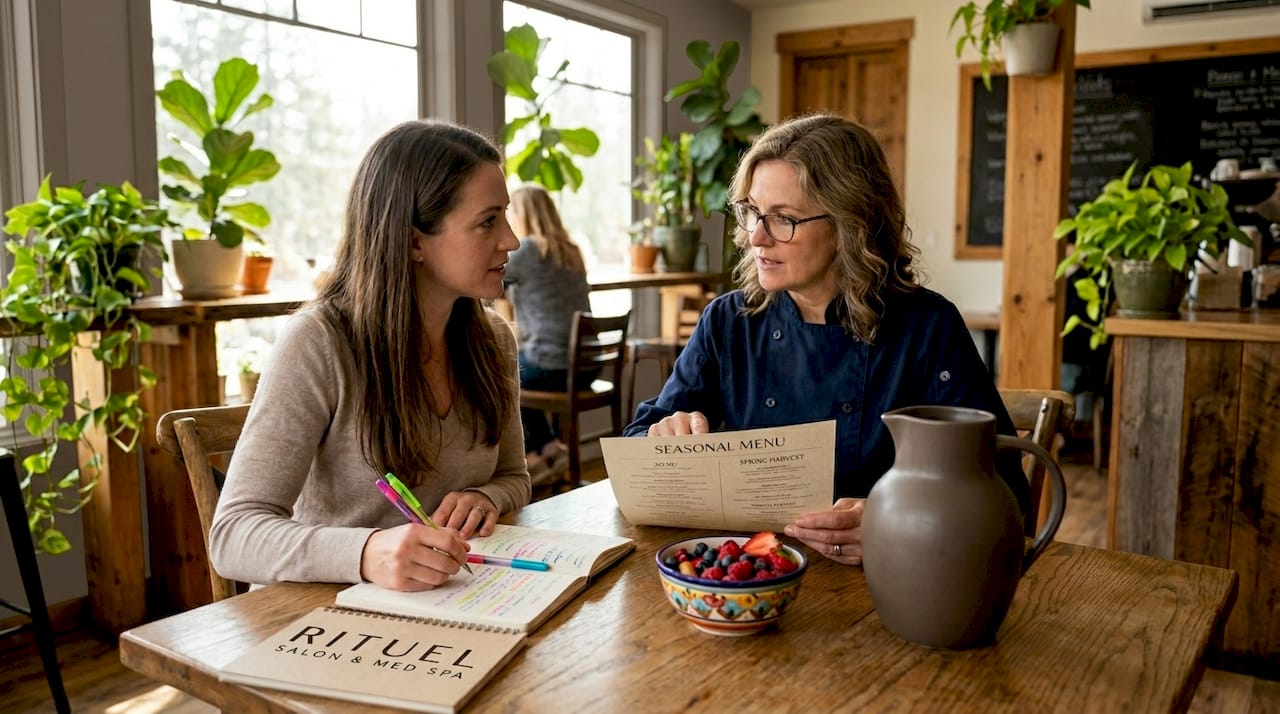 Nutritionist reviews menu with wellness guest