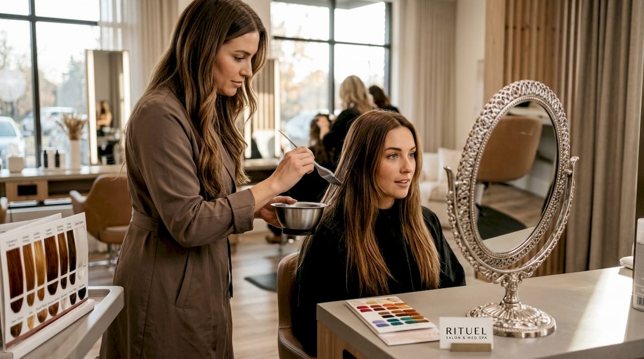 Stylist applying gloss to brunette client's hair