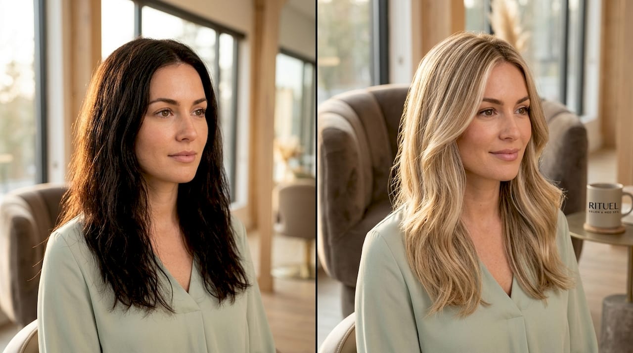 Before and after brunette to blonde hair transformation