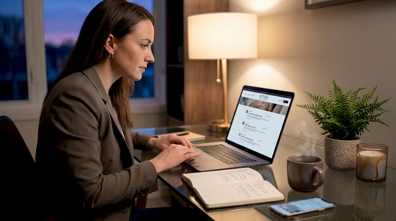 Woman researching beauty spa reviews at home