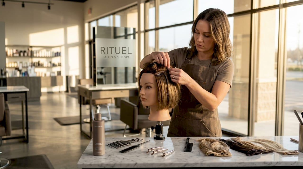 Stylist attaching clip-in hair extension on mannequin