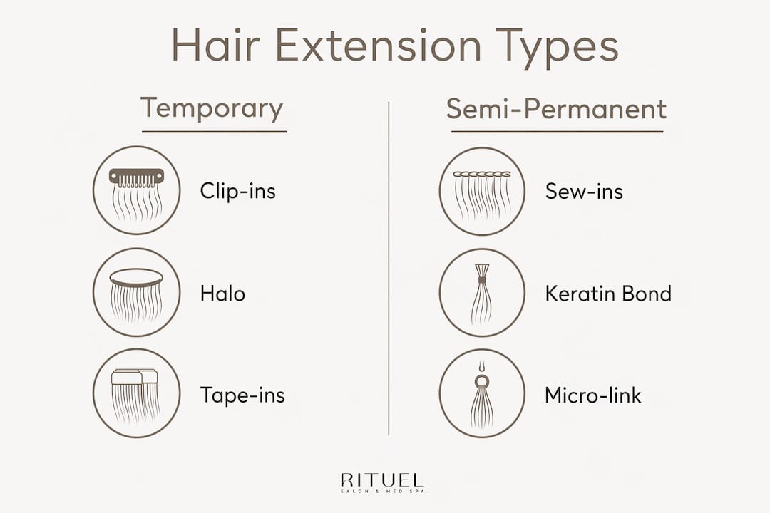 Infographic comparing temporary and semi-permanent hair extensions