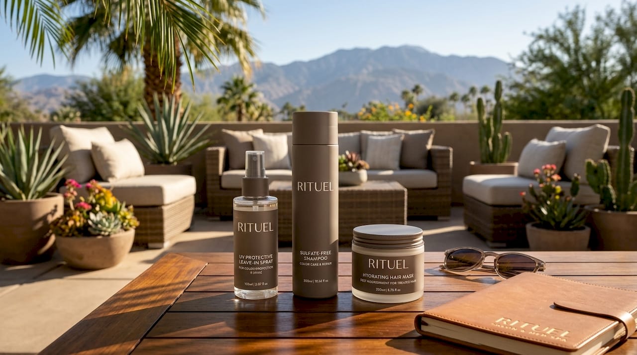 Hair products for summer color protection on countertop