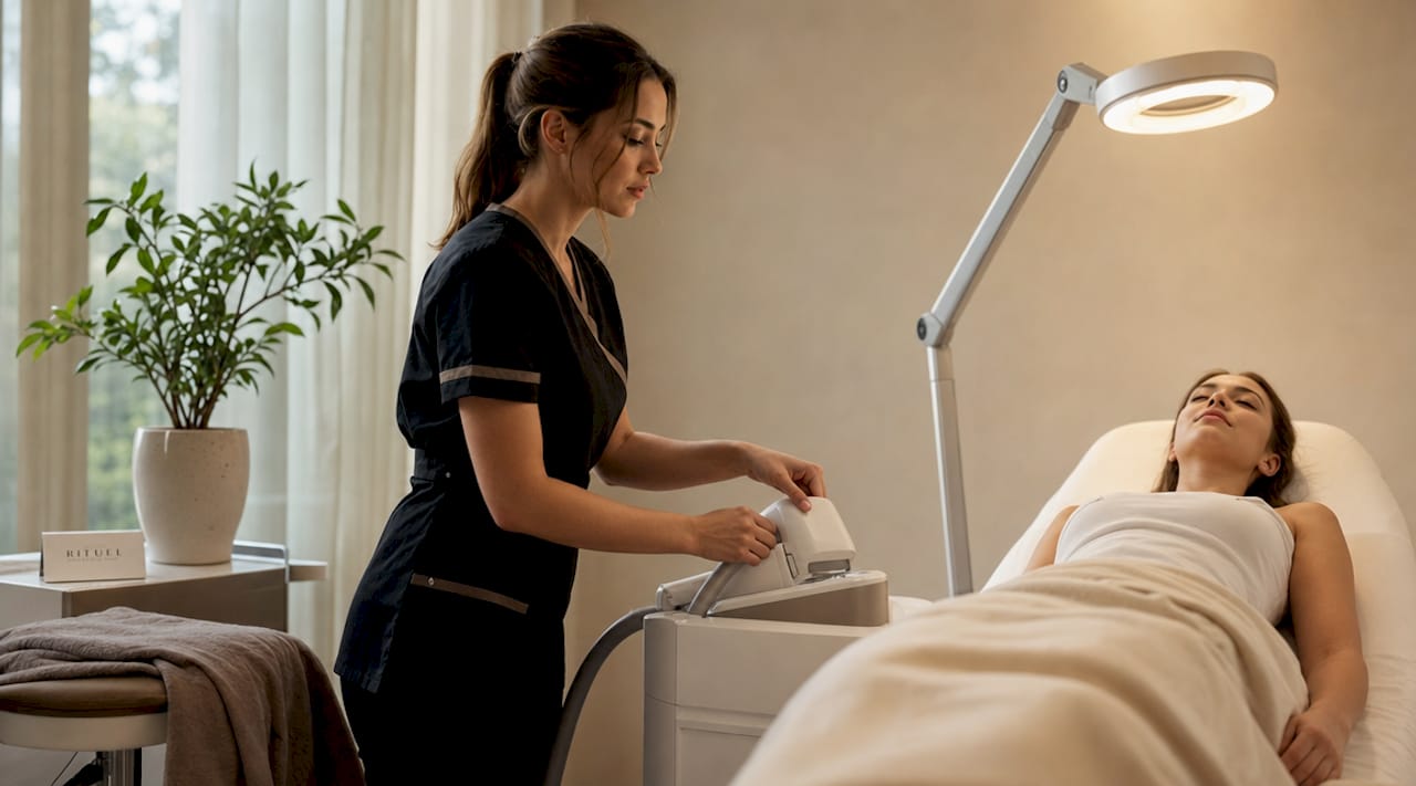 Aesthetician preparing laser treatment in spa room