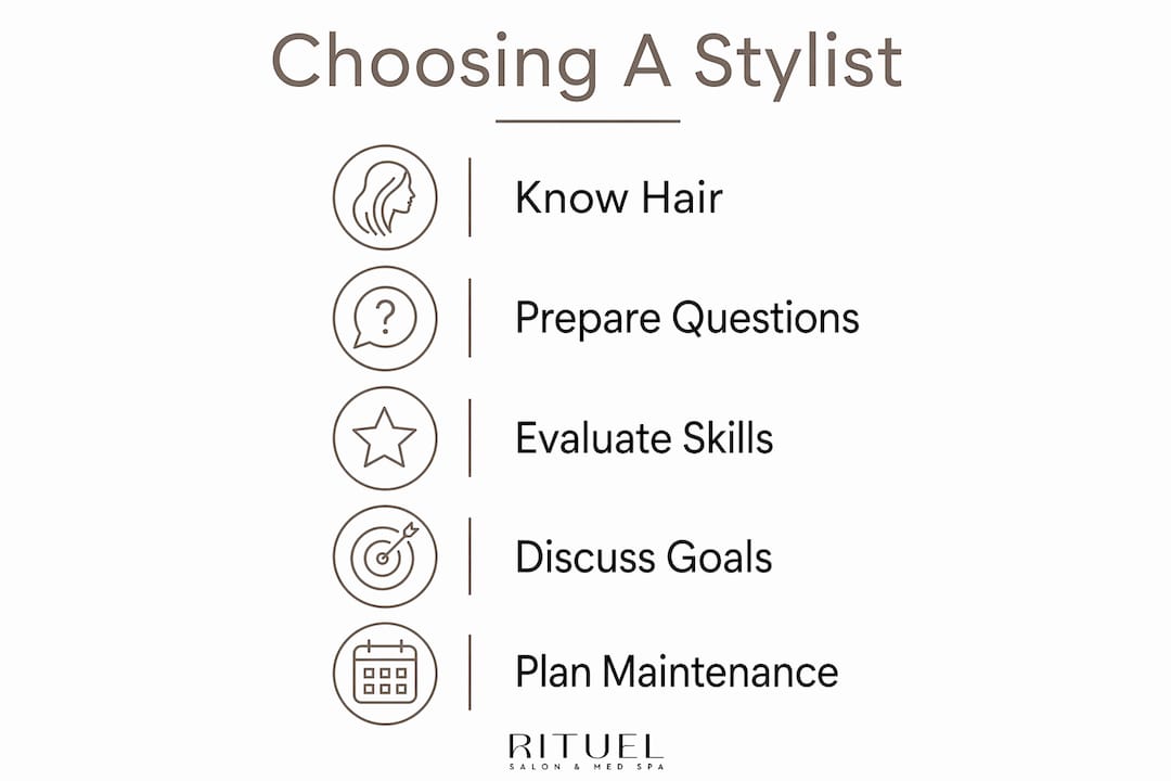 Infographic illustrating steps to choose a precision haircut stylist