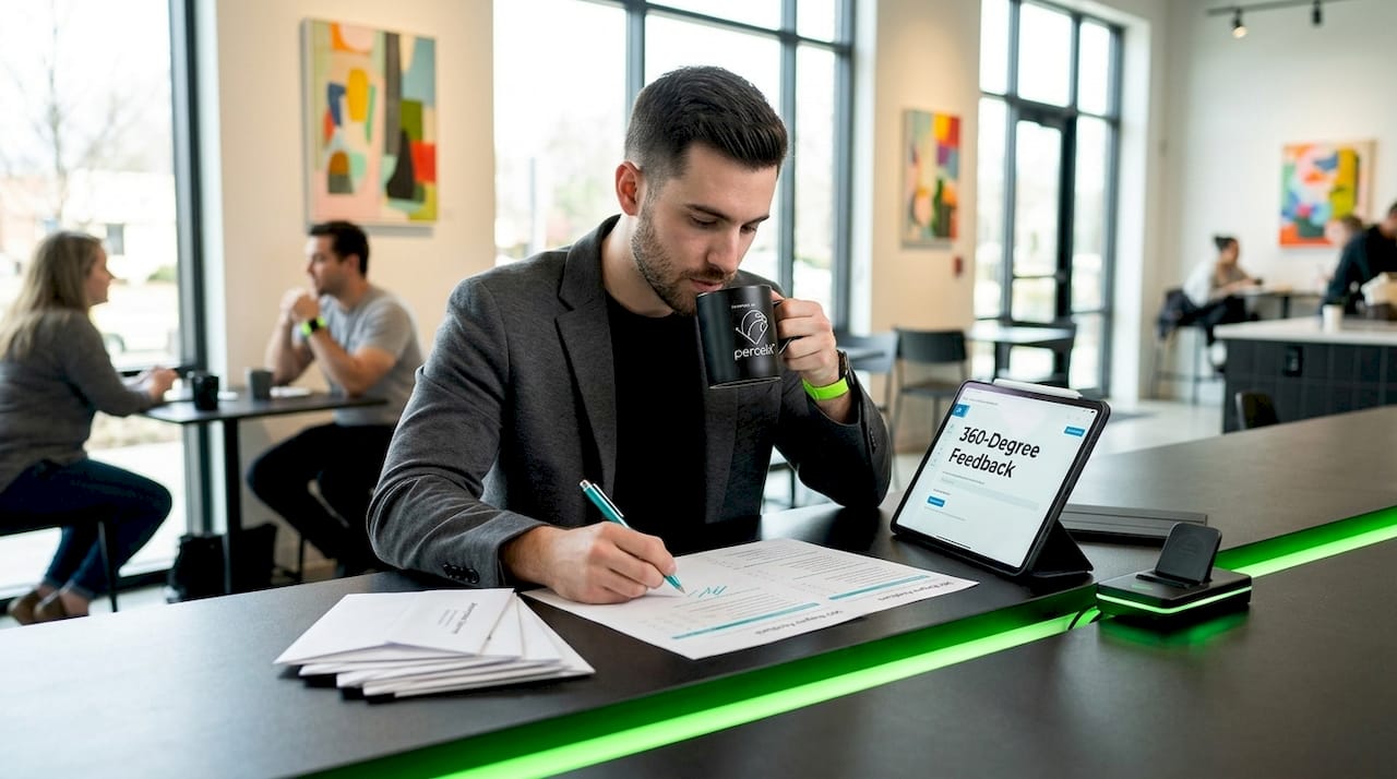 Employee reviewing 360-degree feedback forms