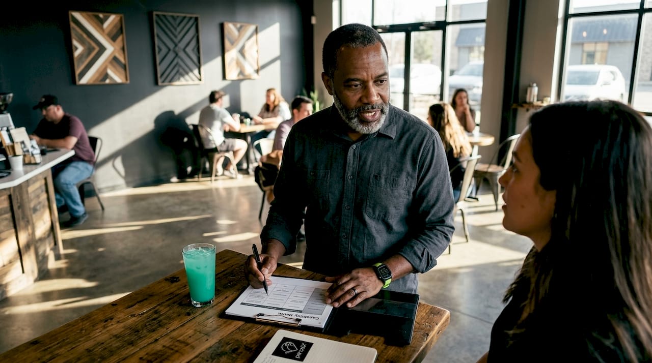 Manager reviewing team capabilities matrix at desk
