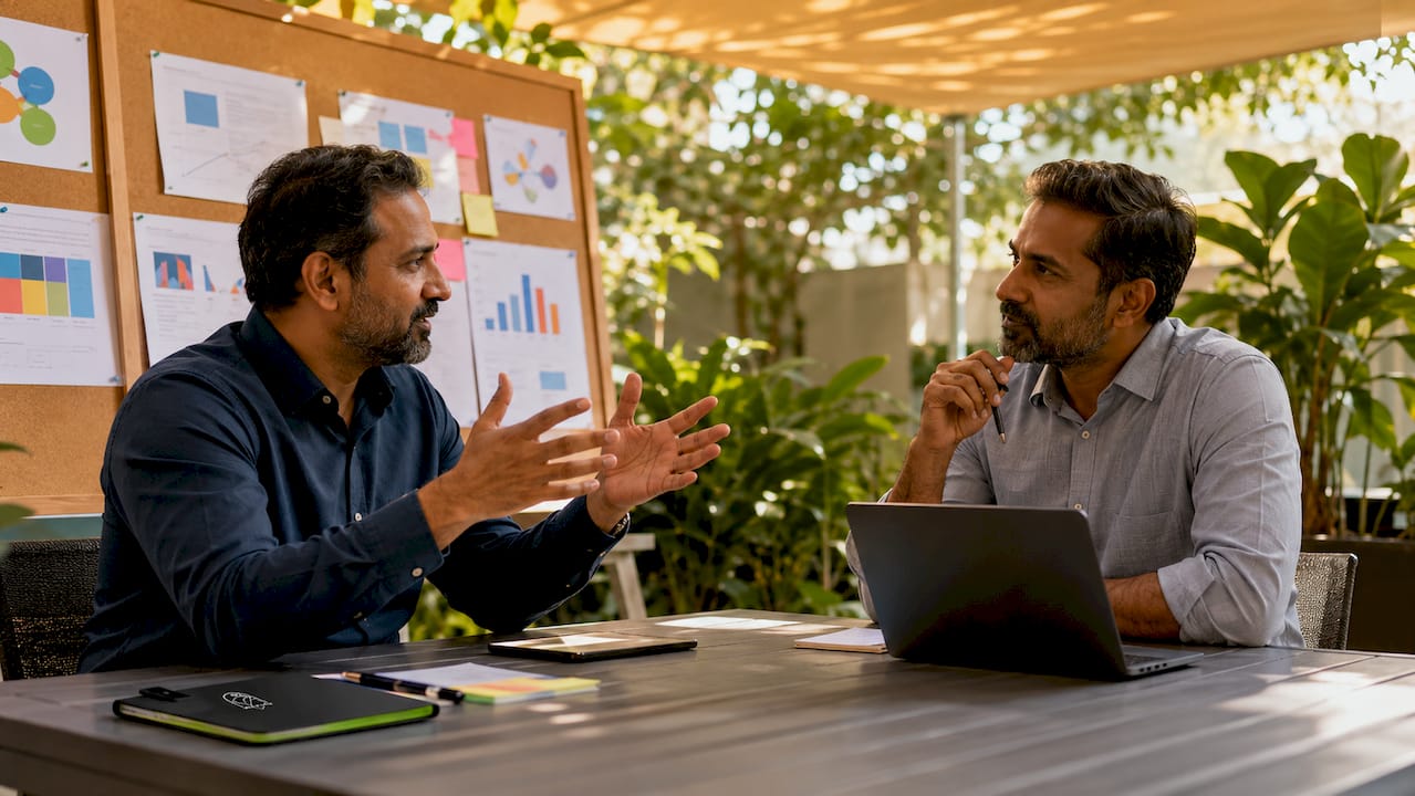 Two men discussing leadership career stages
