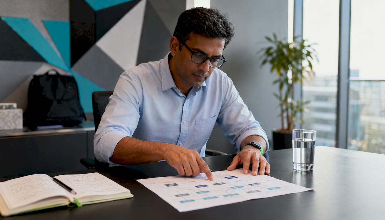 Manager allocating workforce tasks on a printed chart