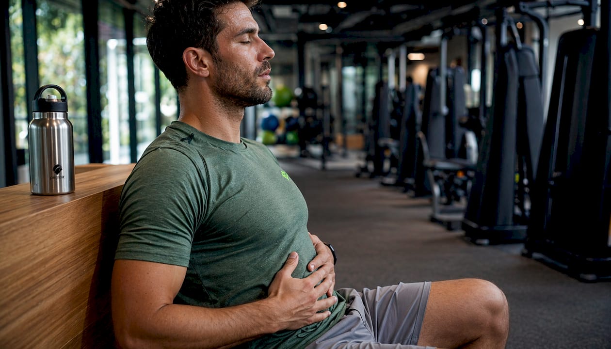 Side profile of male athlete practicing breathing exercise