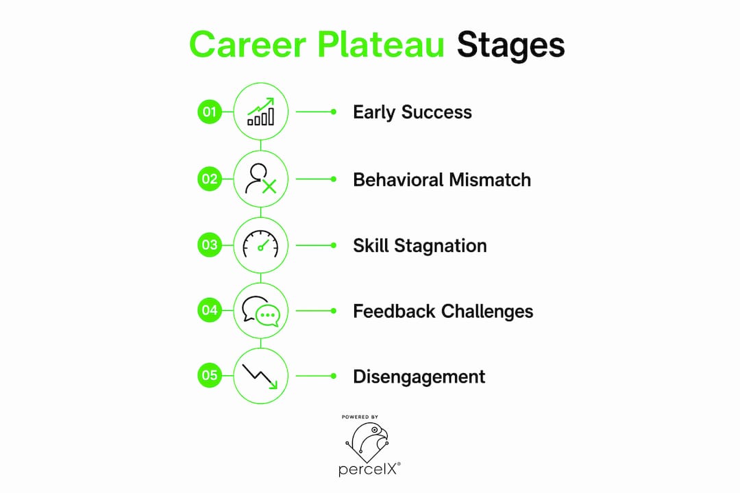 Infographic showing career plateau stages flow
