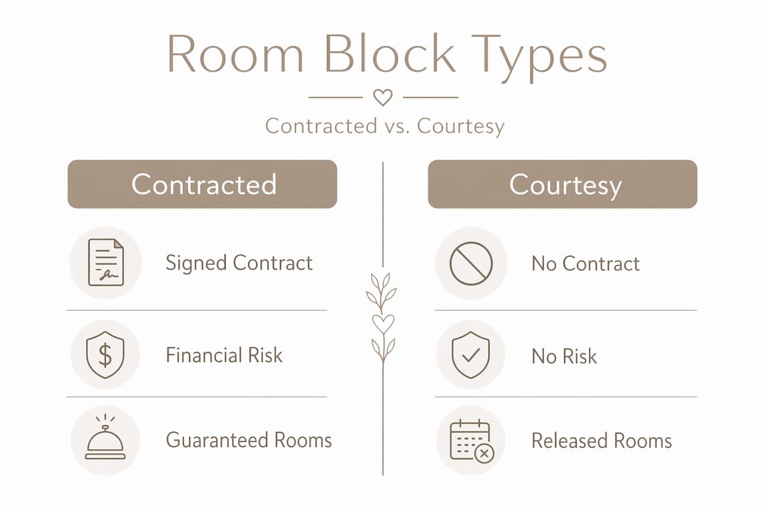 What Is a Wedding Group Booking? Your Clear Guide 3 Infographic comparing contracted and courtesy blocks