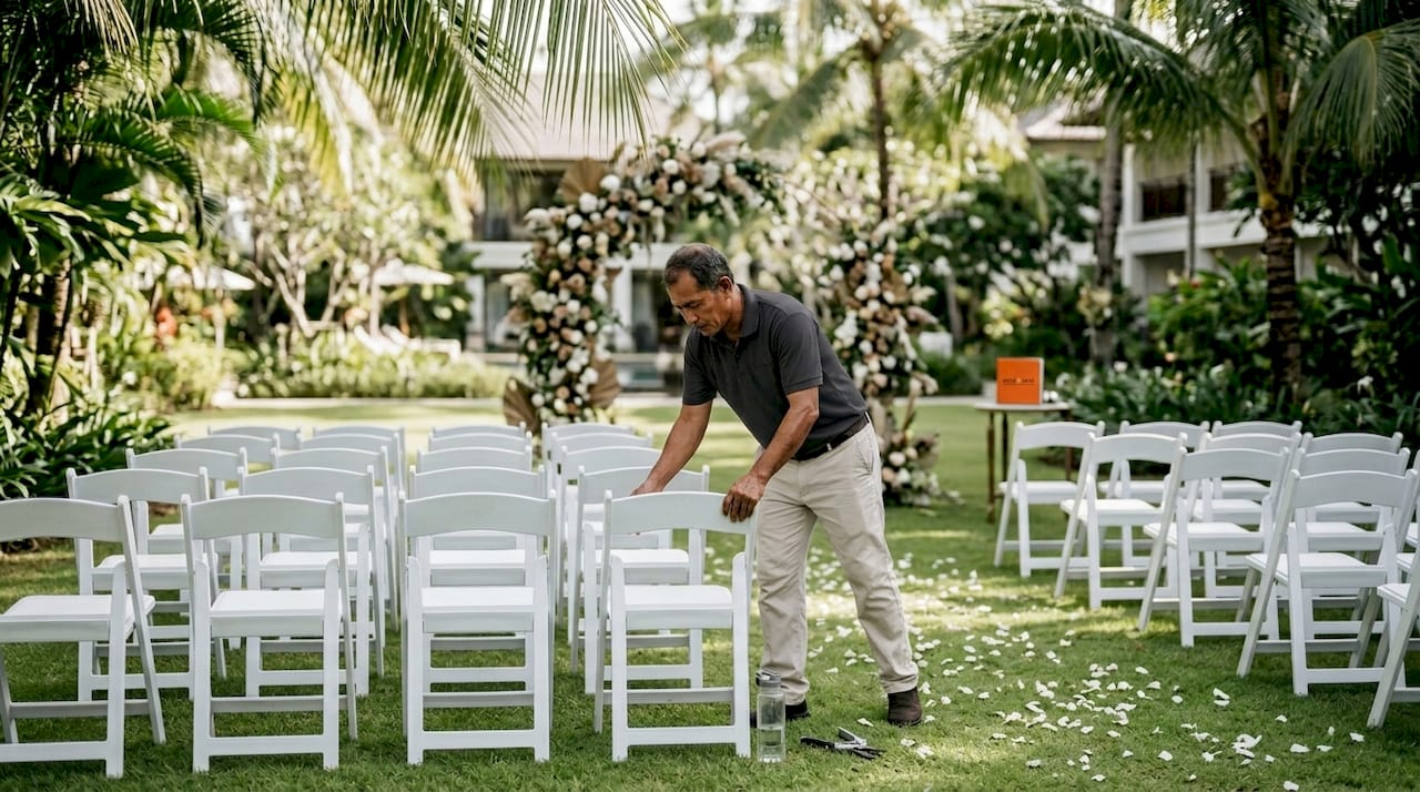 Destination Wedding Ceremony Location Types Explained 2 Garden wedding ceremony setup in progress