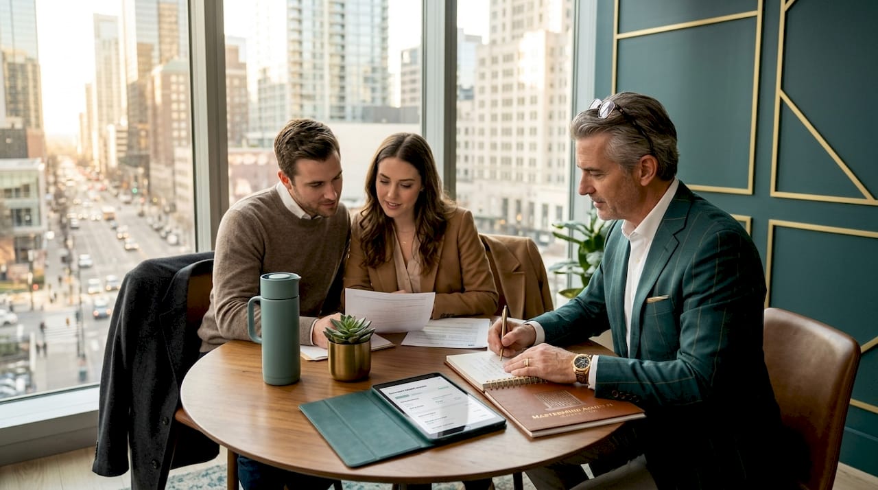 Advisor consults young couple at table