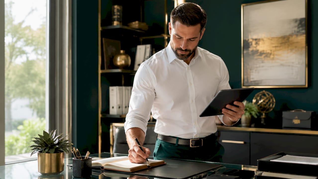Advisor using tablet and taking notes