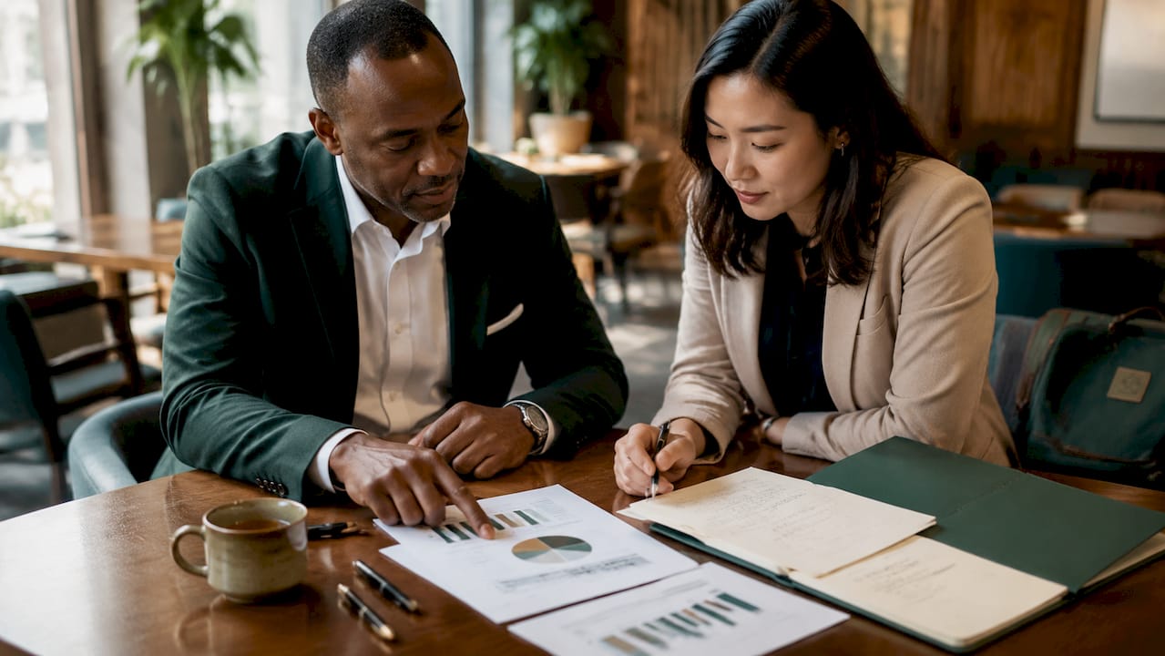Financial advisors discussing client-type niche in cafe