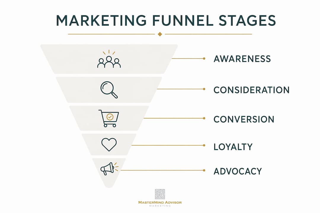 Infographic displaying five marketing funnel stages