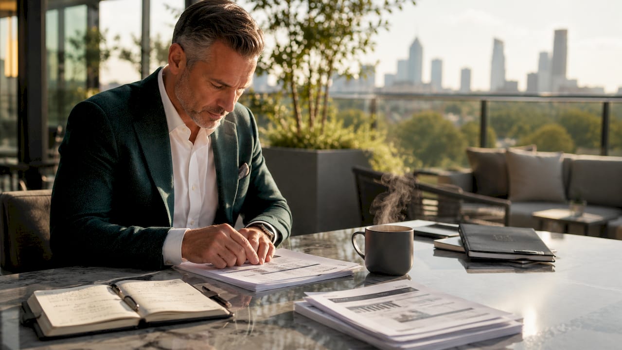 Financial advisor reviewing multiple reports at desk