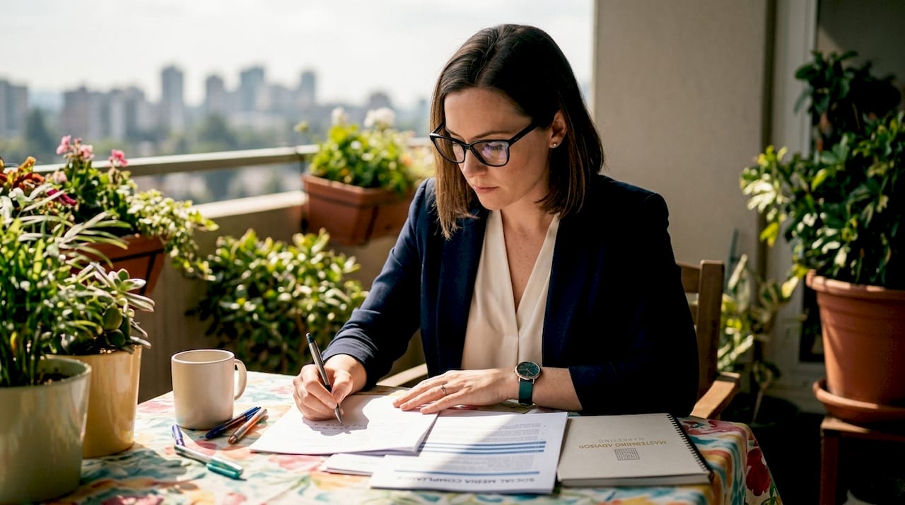 Advisor reviewing social media compliance documents at desk