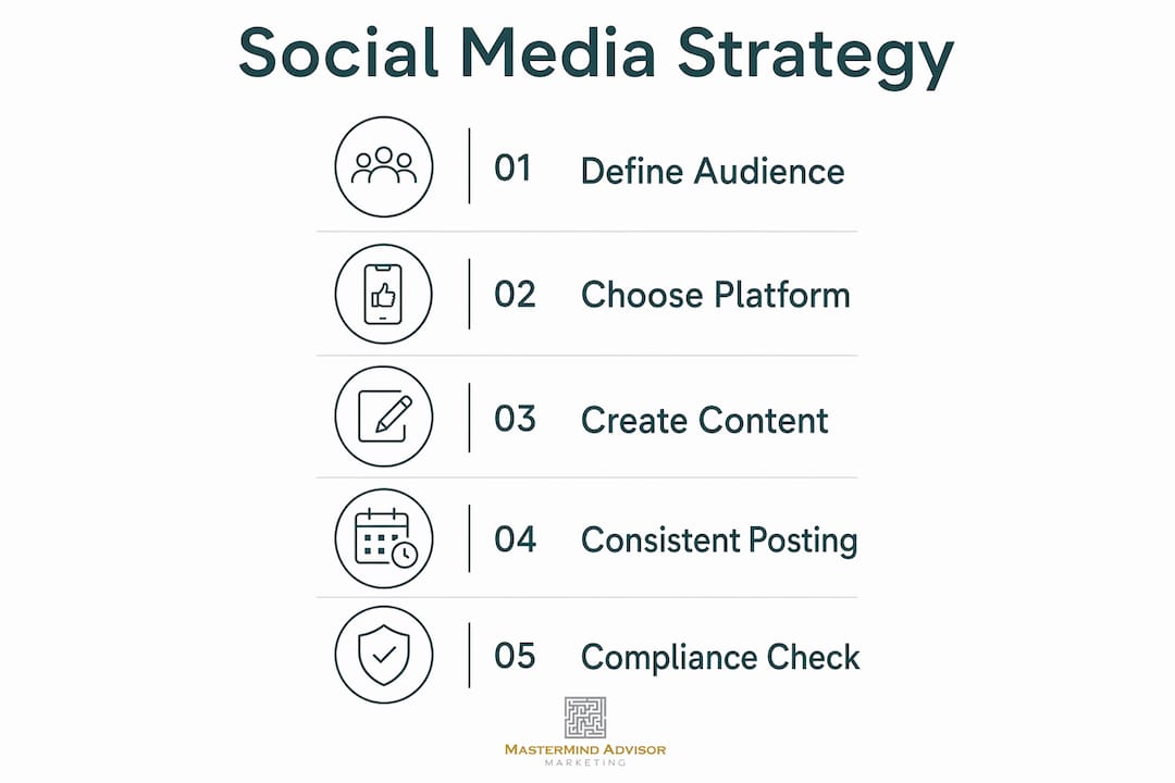 Infographic showing five steps of social media strategy process