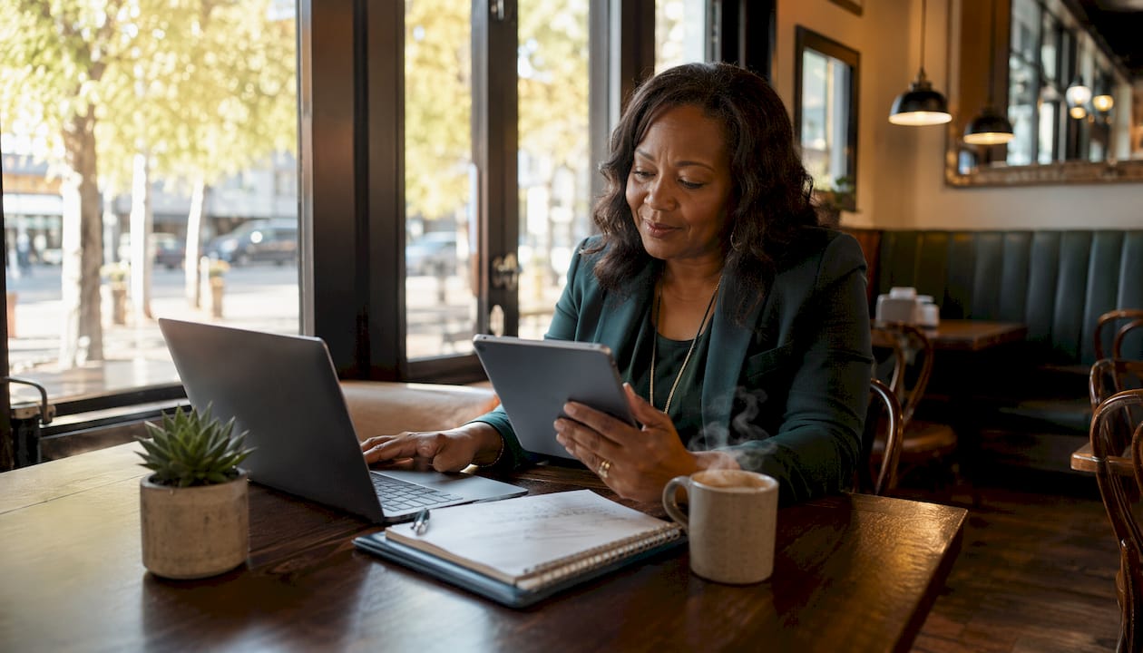 Advisor working on social media devices