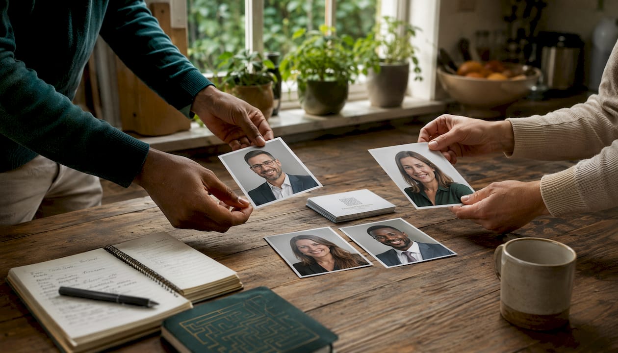 Hands arranging photos for profile trust