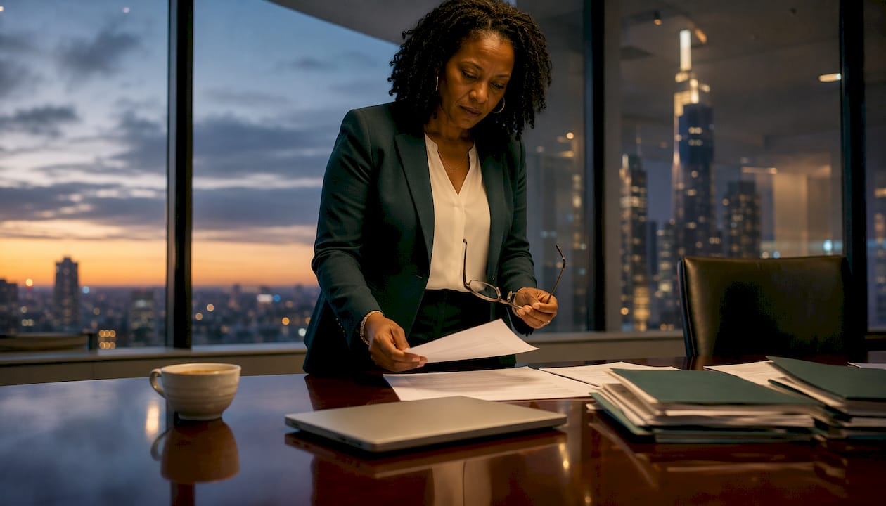Financial advisor reviewing compliance papers
