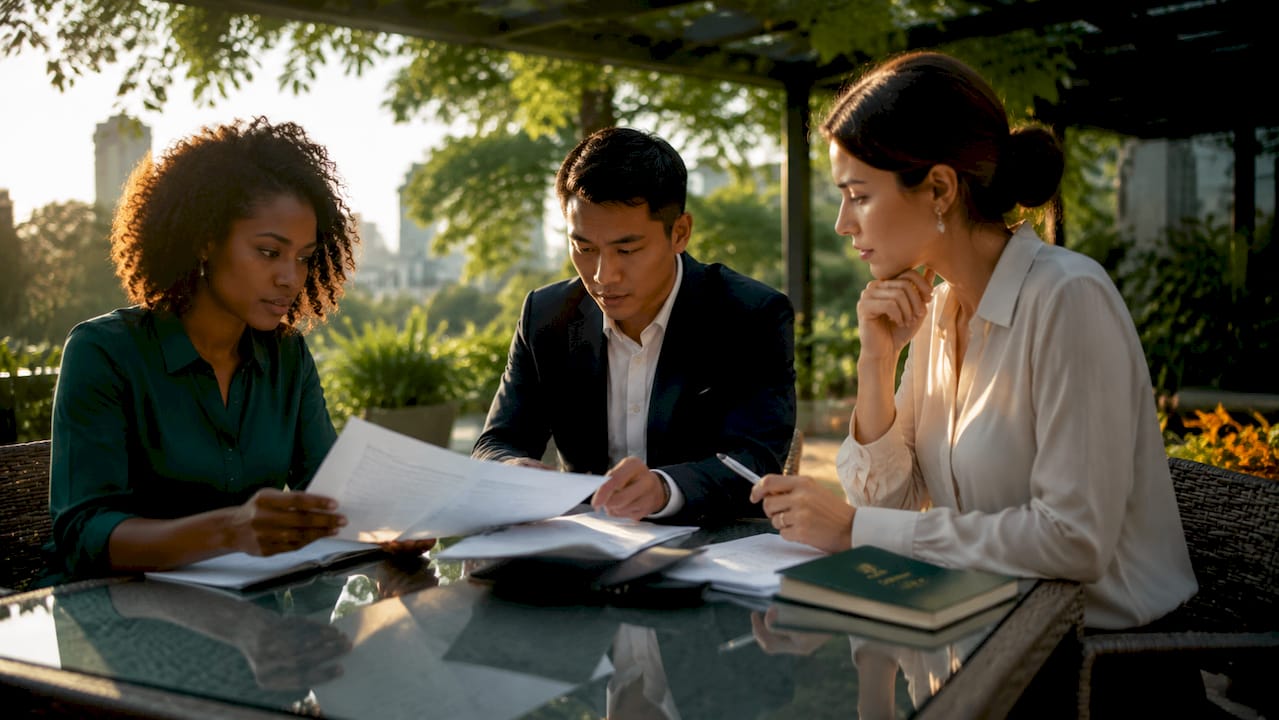 Diverse agency team reviewing creative contracts