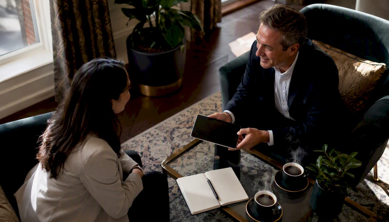 Advisor interviewing client at cafe