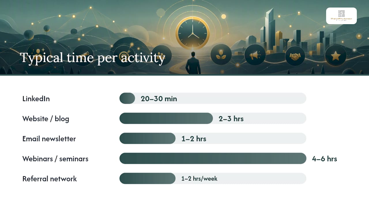 Diagram comparing marketing channels, content type, cadence, and time