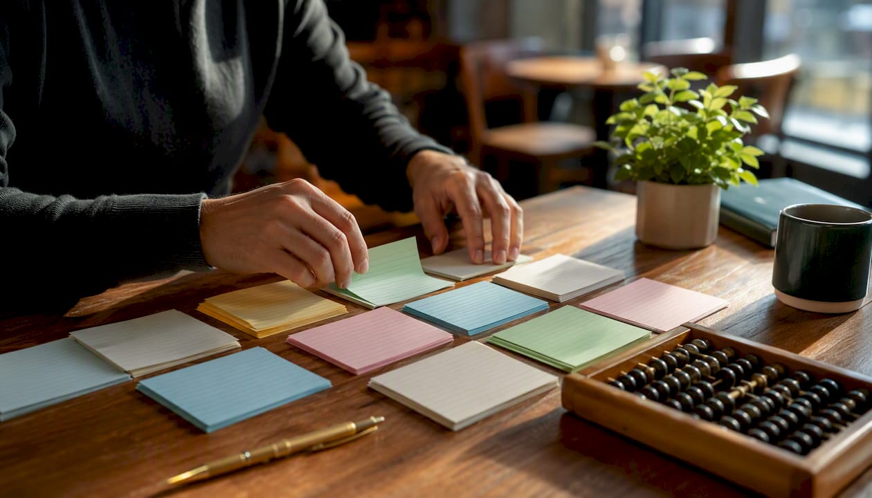 Hands grouping client index cards on desk