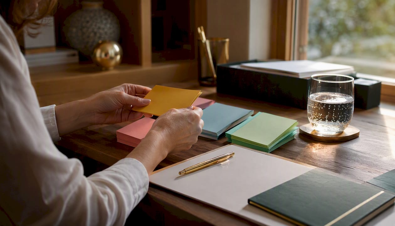 Hands sorting color-coded FAQ cards on table