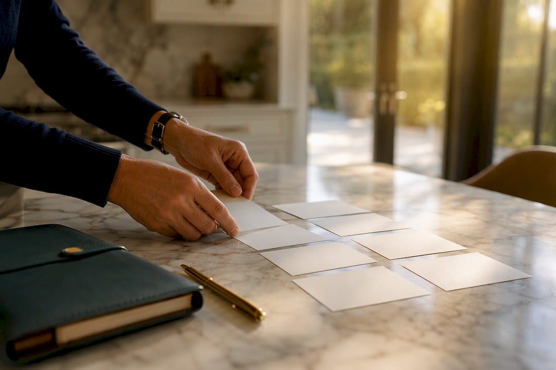 Hands arranging newsletter planning cards on desk