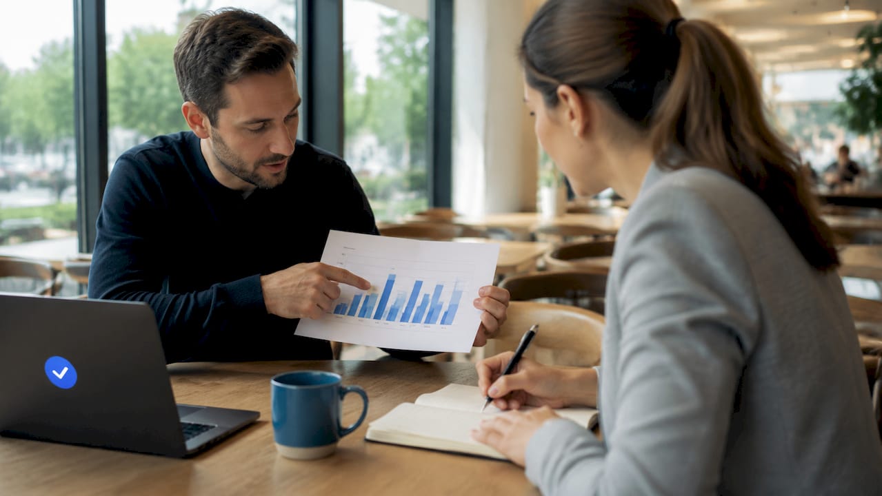 Two people analyzing marketplace category risk chart