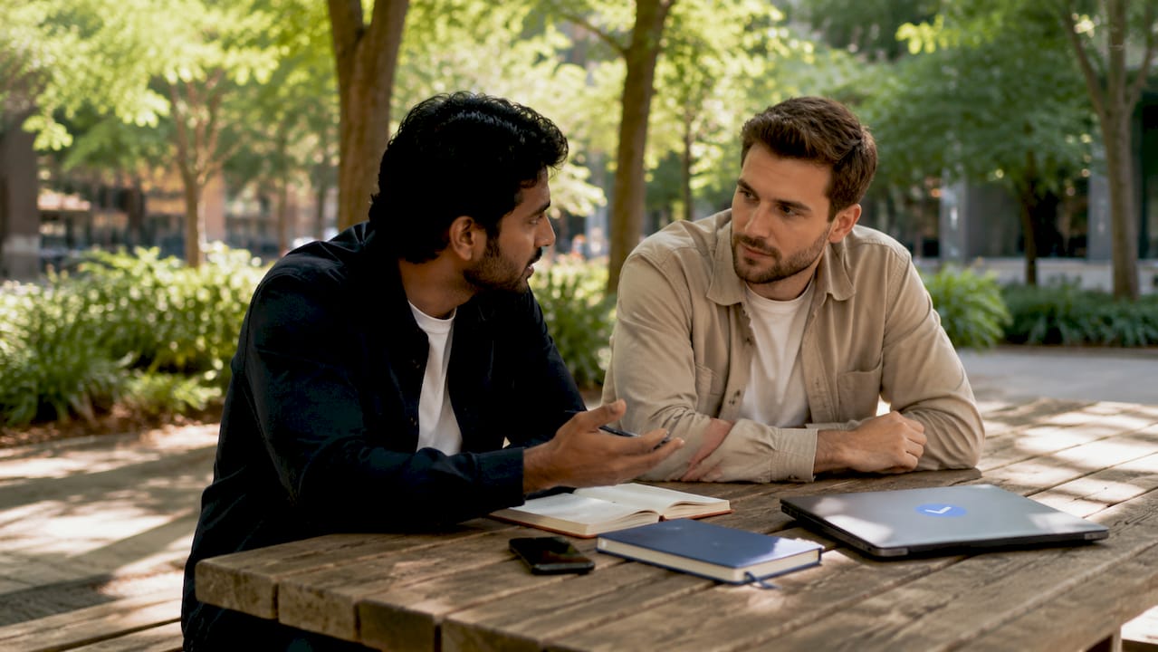 Two investors discussing framed negotiation offers