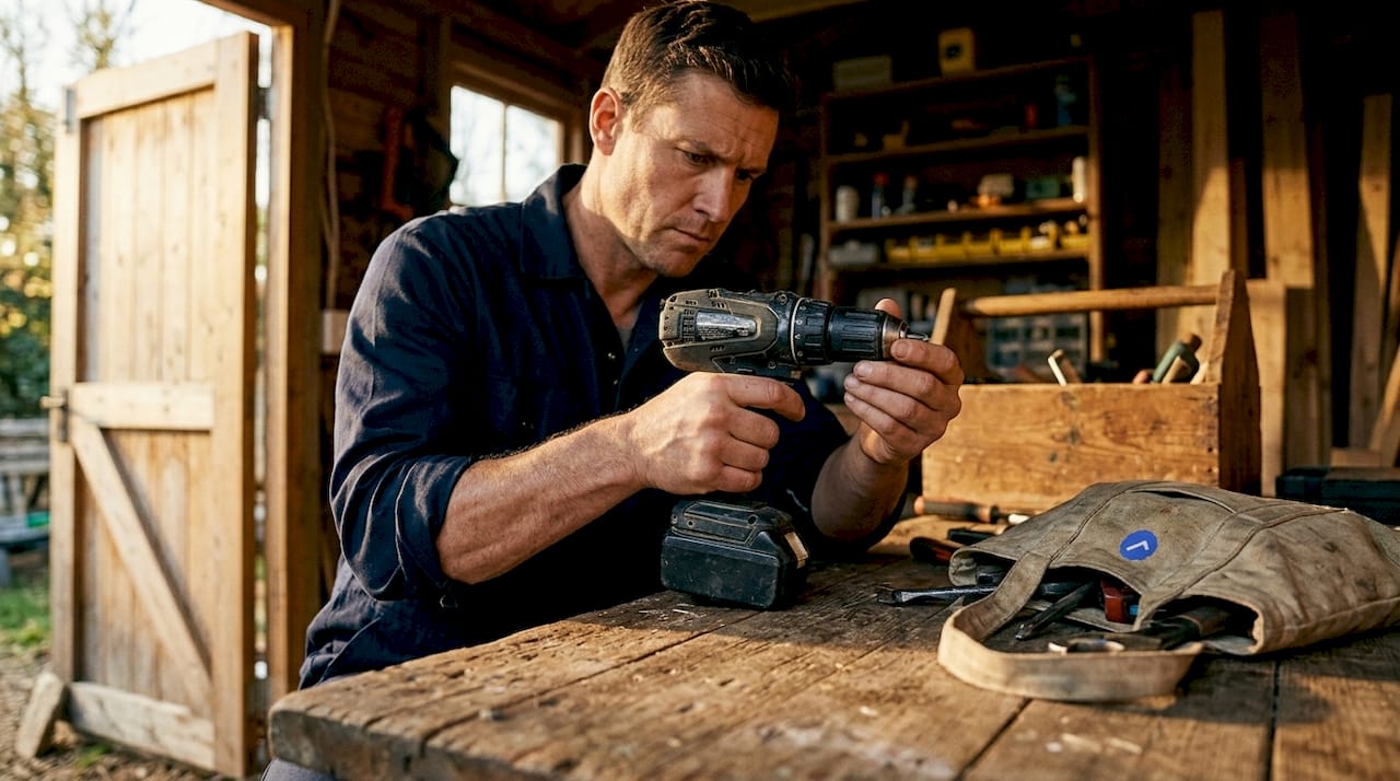 Hands holding cordless power drill on workbench