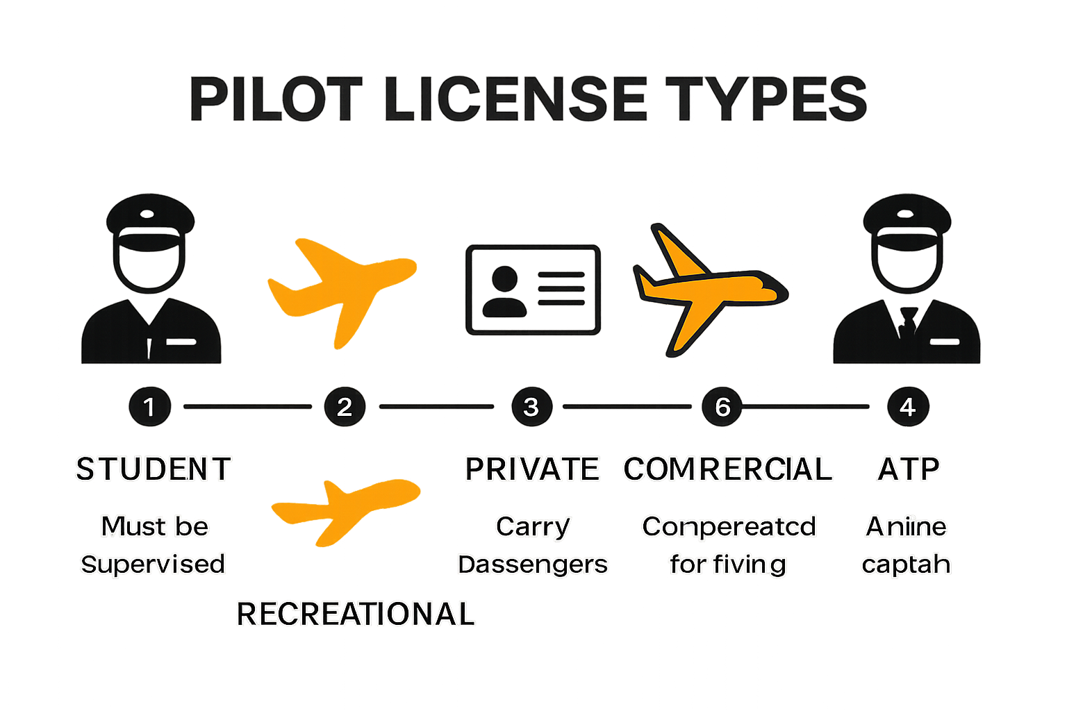 Infographic showing different types of pilot licenses and requirements.