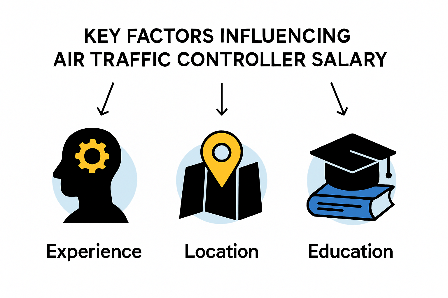 Infographic on air traffic controller salary factors.