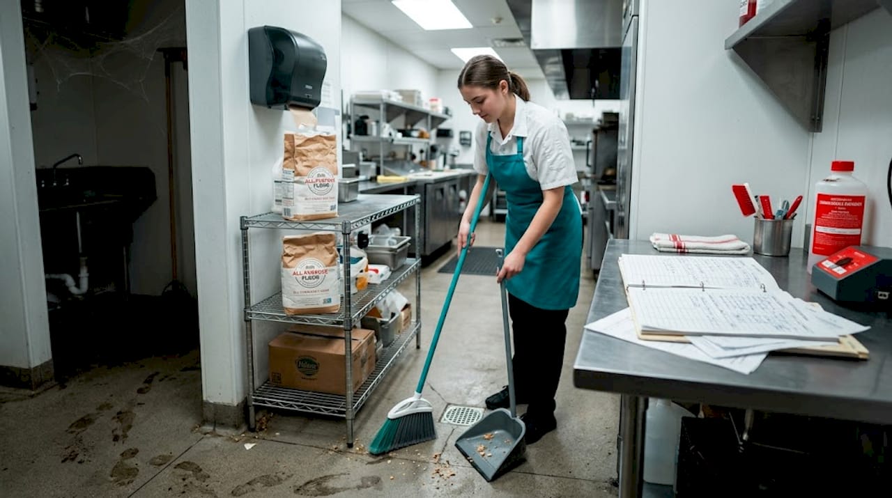 Staff cleaning floor near potential pest hotspot