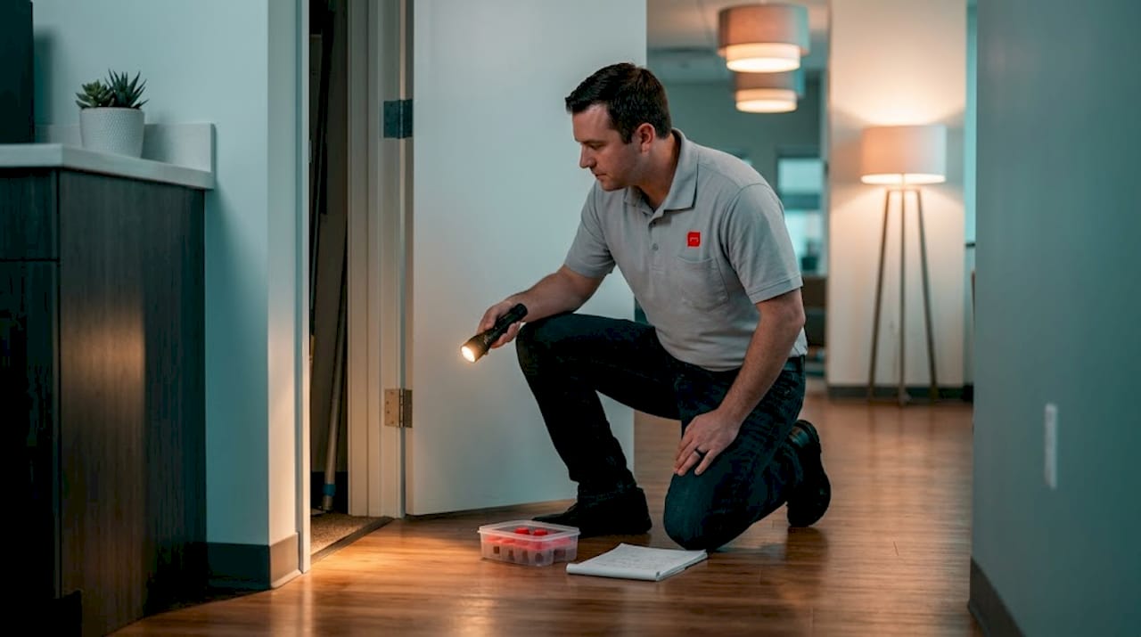 Facilities manager inspecting office utility closet for pests
